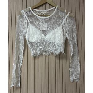 Miss Holly Lace Long Sleeve Crop Top White Sheer Floral Size S